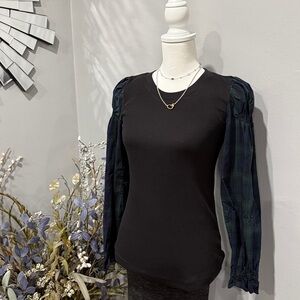 LOFT Black Top with Plaid Sleeves